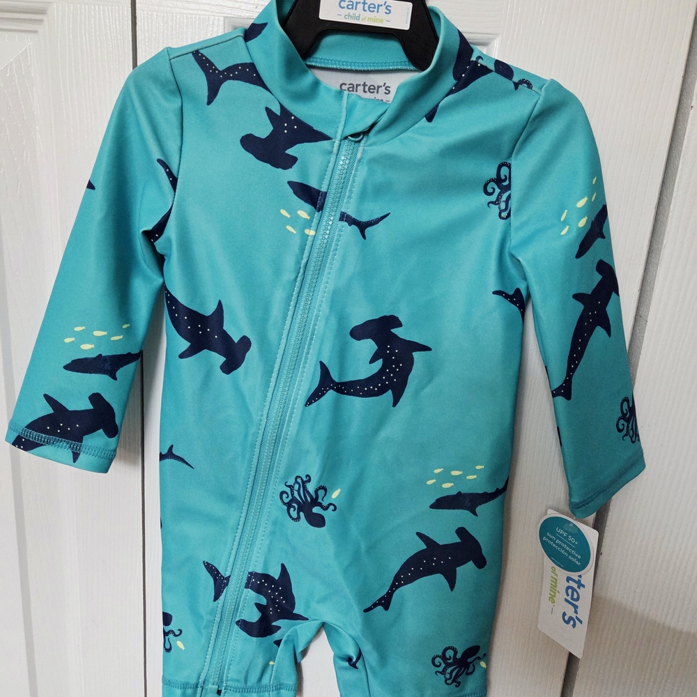 Carter's Aqua Shark Print Swimsuit 3-6 Mo